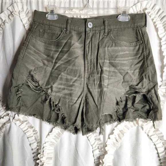 New American Eagle Highest Waist Denim Mom Distressed Shorts Green sz 10 - Picture 1 of 8